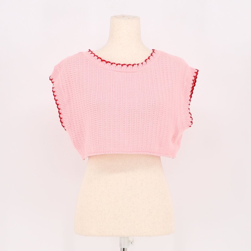 IDEM DITTO Pink Knitted Crop Sweater Sleeveless Red Hem Size S/M
